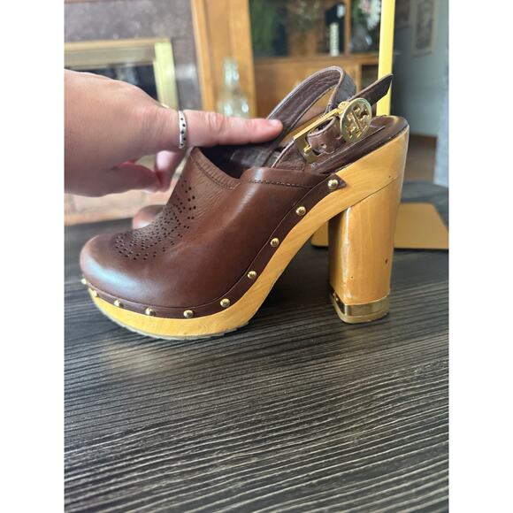 Tory Burch Brayden Brown Leather Logo Slingback Wood Clog Sz. 7 - Picture 8 of 8